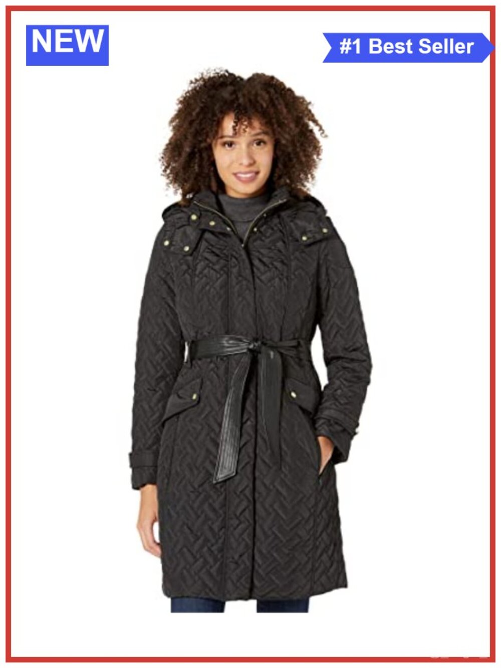 Faux Leather Belted Quilted Signature Coat Long Sleeve Slim Fit